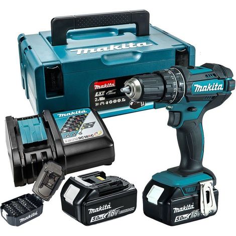 MAKITA DHP482JX14 18V LXT Combi Drill - 2 x 5.0Ah Batts, Charger, 21PC Screw Bit Set & Makpac 2 Case (1/5)
