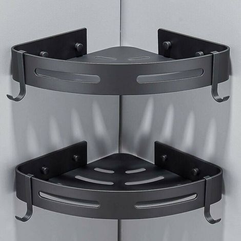 Set di 2 mensole angolari per doccia senza foratura, portaoggetti per doccia, accessorio per il bagno, porta sapone per doccia, in alluminio antiruggine con ganci, nero (1/3)