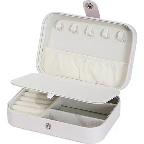 Boîte à bijoux de voyage pour femme, organisateur de bijoux portable pour bagues et boucles d'oreilles - Mini boîte à bijoux compacte avec crochets anti-nœuds et doublure en velours doux - Blanc (1/5)