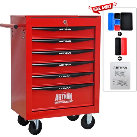 Armoire à outils mobile en métal à 6 tiroirs, 508 mm (20 pouces), avec 6 tiroirs et glissières à billes, boîte à outils de rangement en acier – rouge et noir (1/4)