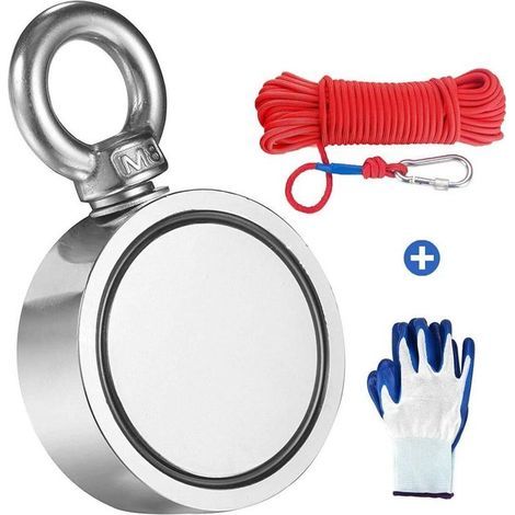 N52 Double Faces Aimant Pêche Néodyme Puissant Doubles Crochets Diamètre 60mm Epaisseur 25mm Force Traction 300KG Corde Tressée 20m de corde et une paire de gants Idéale pour Chasse Au Trésor (1/4)