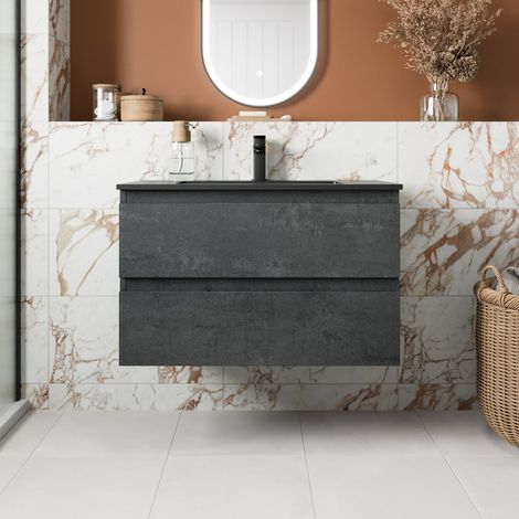 800mm Bathroom Cloakroom Vanity Unit Wall Hung 1 Tap Hole Basin Soft Close Black (1/5)