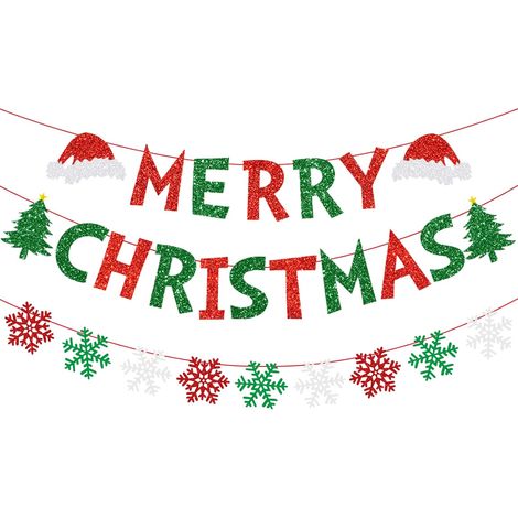 Rote und grüne Frohe Weihnachten-Banner-Dekorationen – glitzerndes Papierbanner für Weihnachtsdekorationen im Innenbereich, Heimbüro, Kamin, Kaminsims, Bauernhaus-Dekoration (1/5)