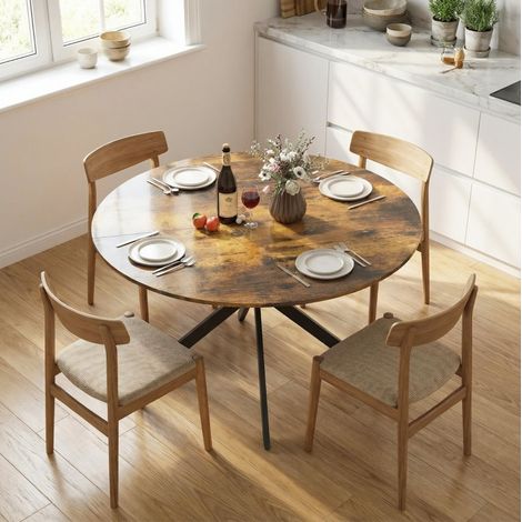 Table à manger ronde 4 personnes 120 cm, style industriel, bois brun rustique, pieds acier (1/5)
