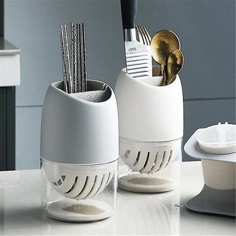Weißes Abtropfgestell und Aufbewahrungsregal aus Kunststoff für Küchenmesser und Essstäbchen (1/4)