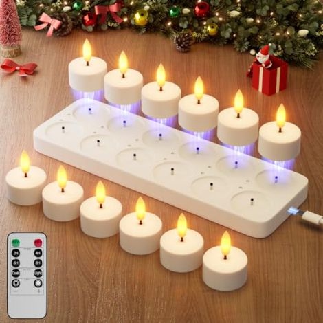 Beyamis Lot de 12 bougies chauffe-plat blanches à effet scintillant, avec télécommande et minuterie réglable. (1/5)