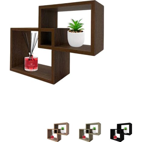 Set 2 Mensole sospese rettangolari in legno ad incastro, misura 30x9,5x22 cm, 3 ripiani decorativi - colore Noce Scuro (1/5)