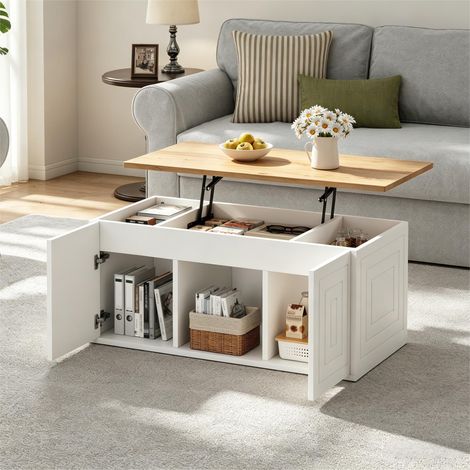 Table basse relevable 95 x 46 x 45 cm, hauteur jusqu’à 59 cm, 2 portes, design épuré, bois naturel et blanc (1/5)