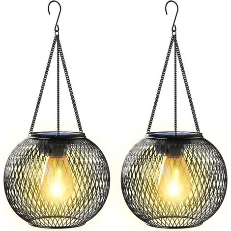 Lanterne Solaire Suspendue 2 Lumières Métal IP65 pour Jardin Balcon Cour Extérieur (1/4)