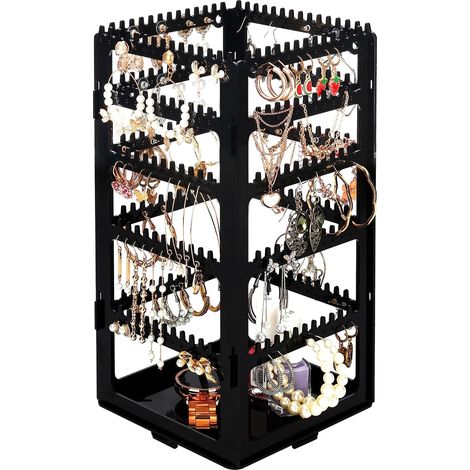 Soporte plegable para joyas de acrílico negro, 5 niveles, 4 paneles, capacidad para 220 pares de pendientes. (1/5)