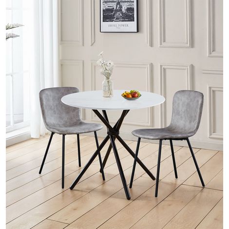 Hallowood Furniture Cullompton Dining Table and Chairs Set 2, Small Marble Effect Top White Round Table and Chairs with Taupe Faux Leather Upholstery, Modern Dining Set for Home or Cafe (1/5)