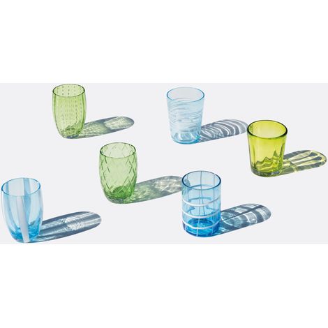 Set 6 Tumbler Bicolore Collezione Melting Pot in Vetro Decorato - Verde e Acquamarina - Zafferano