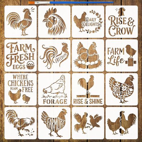 16 Pièces Pochoirs de Motifs de Poules avec un Pinceau 150x150mm Pochoirs de Peinture Vie à la Ferme Pochoir Œufs Frais Ferme Pochoir Coq Poule PET Thèmes Fermes pour Bois Mur DIY (1/5)