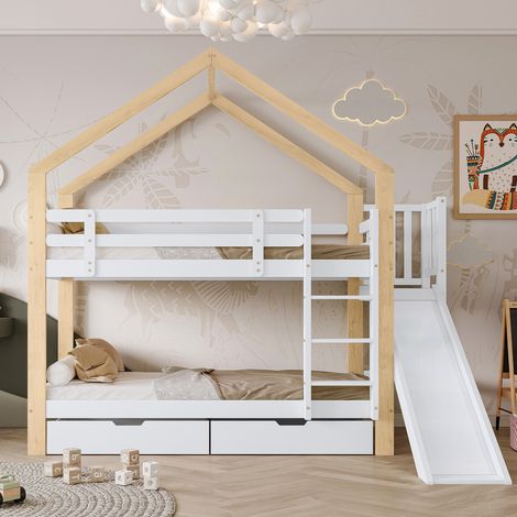 Letto a castello per bambini 90x200 cm con 2 cassetti, struttura in legno massello, matrimoniale, con scaletta e scivolo, sponda di sicurezza, letto a castello di sicurezza EN 747, Bianco + Naturale (1/5)
