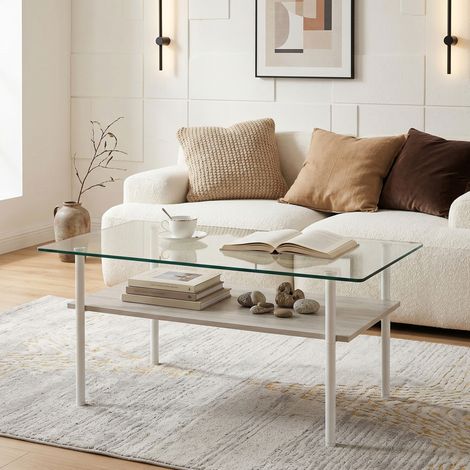 Table basse 98x58x45 cm en verre trempé, MDF et métal blanc, rangement pour salon – MEUBLIV (1/5)