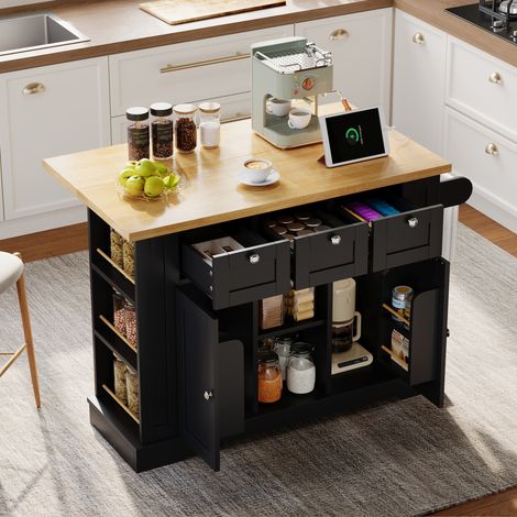 Isla de cocina móvil 132 cm, tablero abatible, almacenaje, natural y negro DESVIAE (1/5)