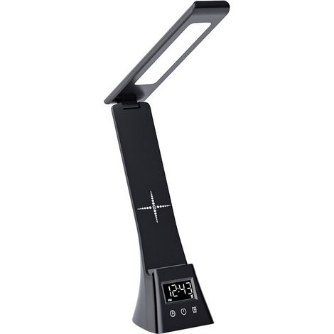 Lampada da scrivania a LED multifunzionale con caricatore wireless, orologio digitale, sveglia, porta USB, 3 colori di intensità luminosa regolabili, lampada da studio per ufficio e camera da letto. (1/5)