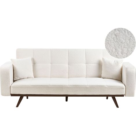 Sofa Bed Off-White Boucle Upholstery Tufted 3 Seater Iron Legs Track Armrests Traditional Style Living Room HJULBY
