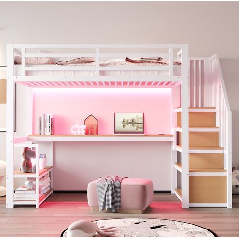 Cama alta 90x200 cm de metal con escritorio, estantes y escalera con almacenaje, blanca (1/5)