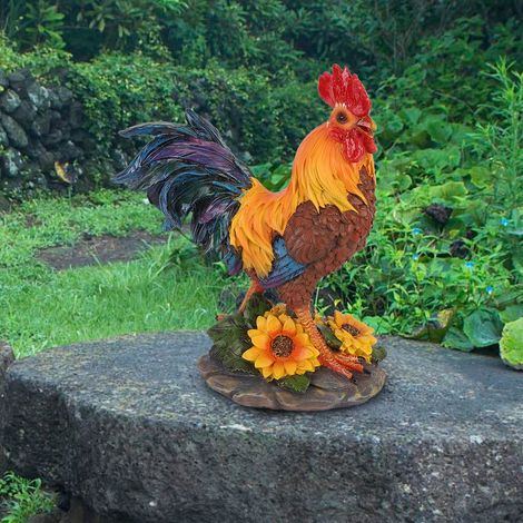 Décoration de jardin, cour ou cour : coq décoratif d'extérieur, statue, sculpture, objet d'art artisanal, petit coq rouge-brun (1/5)