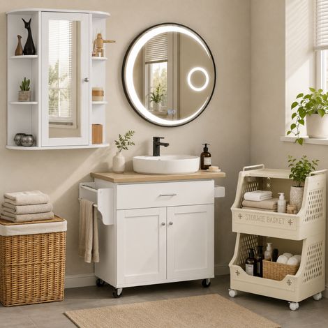 Set da bagno con specchio a LED (3 pezzi) – Carrello portabiancheria a 3 ripiani, armadietto a specchio e specchio rotondo a LED (1/5)