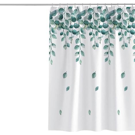 White waterproof shower curtain 120x200cm, decorative green leaf pattern.