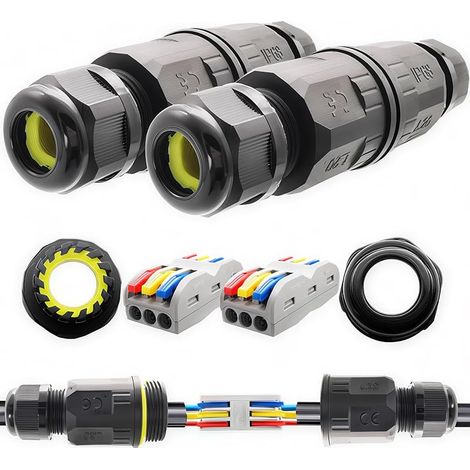 Connecteur étanche  Bornier à 3 broches, L20 droit, IP68, adapté pour diamètre de câble Ø6-9 mm, boîte de jonction étanche (2 pièces)