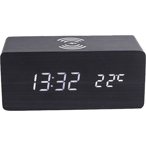 Digitaler LED-Wecker mit 3 Alarmen und 10-W-Wireless-Ladefunktion fürs Schlafzimmer – MDF + PVC, Schwarz