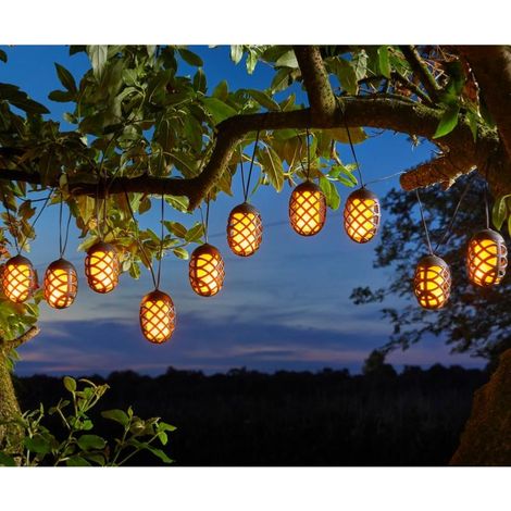 Guirlande solaire 10 lanternes effet flamme – Longueur 5m – 60 LEDs avec effet flamme – Allumage automatique à la tombée de la nuit – Smart Garden