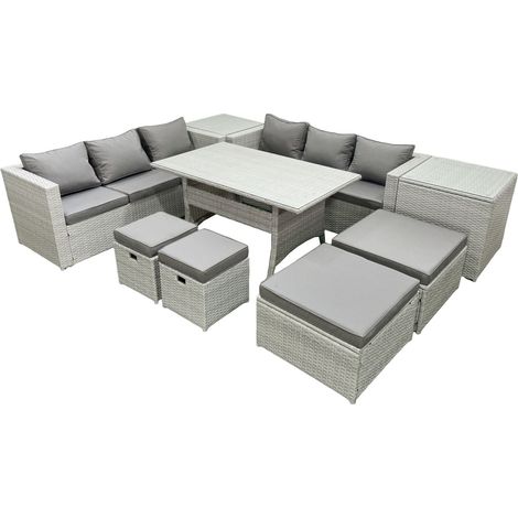 Fimous Polyrattan Gartenmöbel-Set Outdoor 10 Sitzer mit Glasplatte Esstisch 2 Beistelltischen Hellgrau gemischt (1/5)