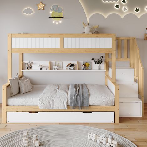 Letto a castello per bambini, 90x200 cm, con letto estraibile, scala con 3 vani, armadio, bianco naturale (1/5)