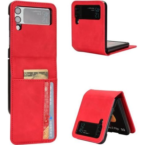 Coque - TEMPSA - Galaxy Z Flip 4 - Cuir - Antichoc - Fente pour cartes - Rouge (1/4)
