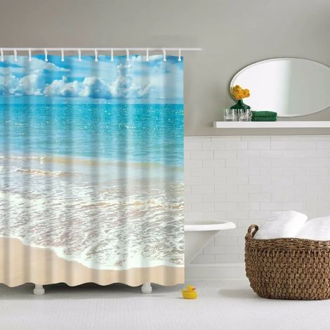 Rideau de douche à motif coquillages, étoiles de mer, conques, palmiers bleus et coucher de soleil, décor de salle de bain, 120 x 180 cm (47 x 70 pouces), 120 x 180 cm (47 x 70 pouces)
