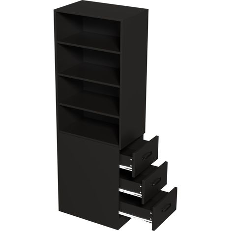 Schmales hohes Bücherregal 180 cm schwarz mit 3 Schubladen, verstellbaren Böden, 60 x 38 x 180 cm (1/5)