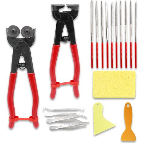 Lot de 19 Outils de Mosaïque avec Ciseaux à Verre, Ciseaux à Carrelage, Pinces à Chammer, Pinces à épiler, Double Crochet, Spatule, Raclette, éponge pour Couper et Poncer le Verre et la (1/5)