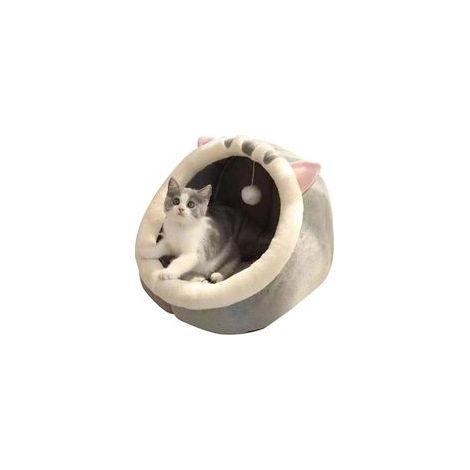 Panier pour chat - Igloo lavable avec rembourrage coton doux - Facile à nettoyer - Pour chat d'intérieur - Gris (1/5)