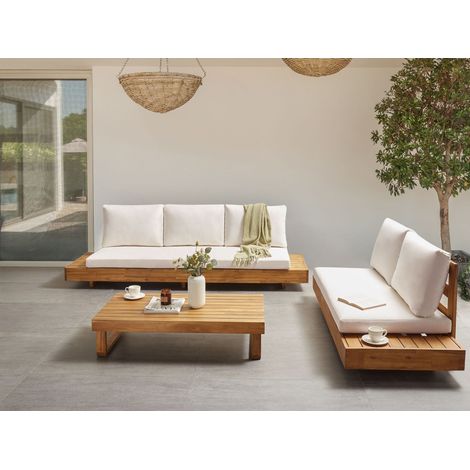 Conjunto de jardín de 5 plazas sofá 2 plazas sofá 3 plazas mesa de centro cojines madera de acacia certificada clara Marettimo (1/5)
