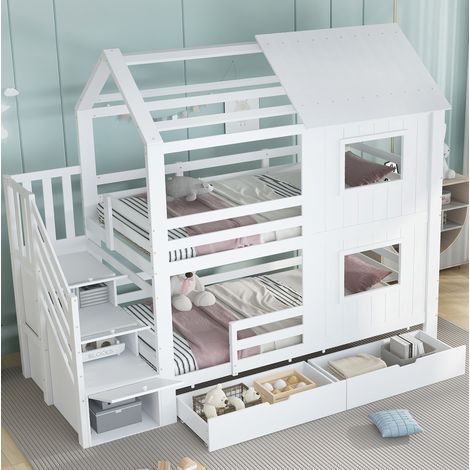 Litera infantil (253x95x218 cm), con armario escalera y cajón con ruedas, ventanas y techo, madera maciza y MDF, blanco (1/5)