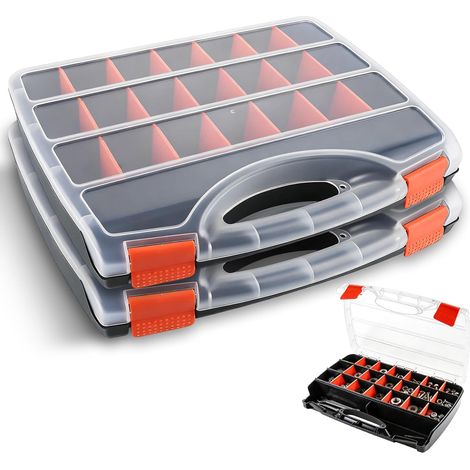 38 x 31 x 6,8 cm Lot de 2 boîtes de rangement - Avec 23 compartiments - Robuste - Avec couvercle - Pour petites pièces - Outils - Artisanat (1/5)