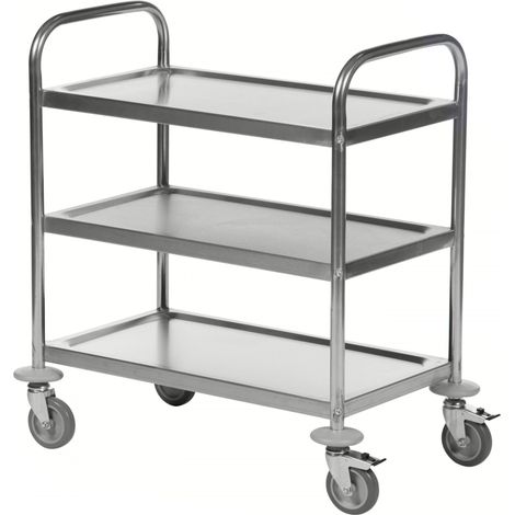 Kongamek Edelstahl- Tischwagen rostfrei mit 3 Böden 685x380mm mit Polyurethanbereifung und Bremse (1/3)