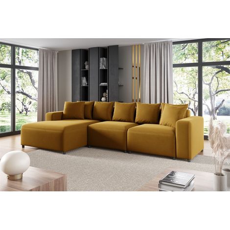 Ecksofa Designersofa Sofa MEGAN in Stoff Salvador Honiggelb Ottomane Links (1/2)