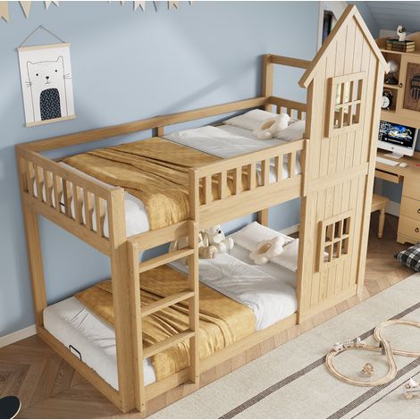 Etagenbett Kinderbett Hausbett 90x200 mit Treppe Natur OKMYHOME (1/5)