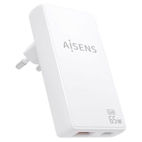 AISENS - CARGADOR DE PARED GaN ULTRA DELGADO 65W, 1xUSB-C PD3.0 QC4.0, 1xUSB-A QC3.0, BLANCO