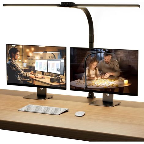 Lampe de Bureau LED Double Tête, 18W Dimmable Rotative Lampe de Table, Protection de Yeux Lampe Architecte avec Pince pour Ecran de PC, Noir (1/5)