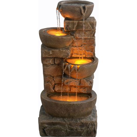 Teamson Home 84.5 cm Cascading Bowls & Stacked Stones LED Outdoor Water Fountain for Outdoor Living Spaces, Brown