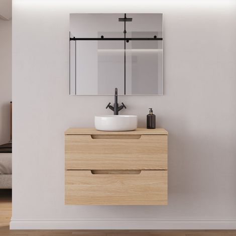 Meuble de salle de bain 80cm avec plateau et vasque à poser ronde - 2 tiroirs - roble era (chêne clair) - SONRIZA (1/5)