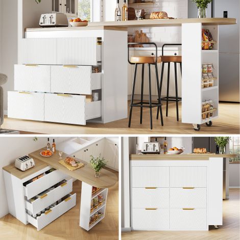 LUHOMFU - Table bar de cuisine 360° avec 6 tiroirs, plan de travail extensible 128-203 cm, rangement latéral, îlot multifonction pour repas, bar ou bureau, roulettes et sécurité anti-basculement (1/5)