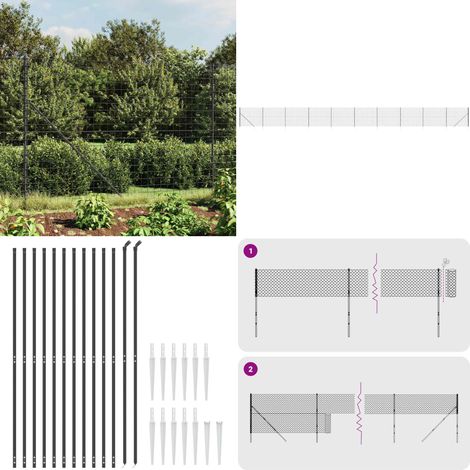 Recinzione Metallica con Picchetti Ancoraggio Antracite 1,6x25m - Recinzione da giardino - Recinzione per animali