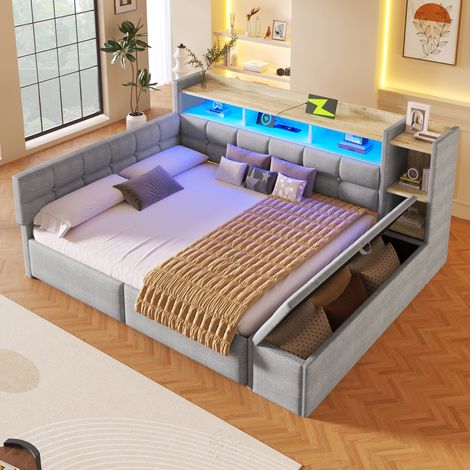 Lit banquette 140x190cm avec 2 tiroirs,LED,lit de jour avec USB et Type-C,étagère et banc coffre,velours et MDF,gris (1/5)