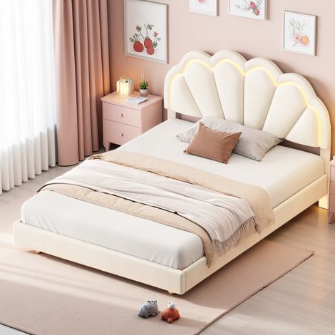 Lit flottant 140×200 avec LED, Tête de lit rembourrée, Sommier à lattes, Velours, Beige (1/5)